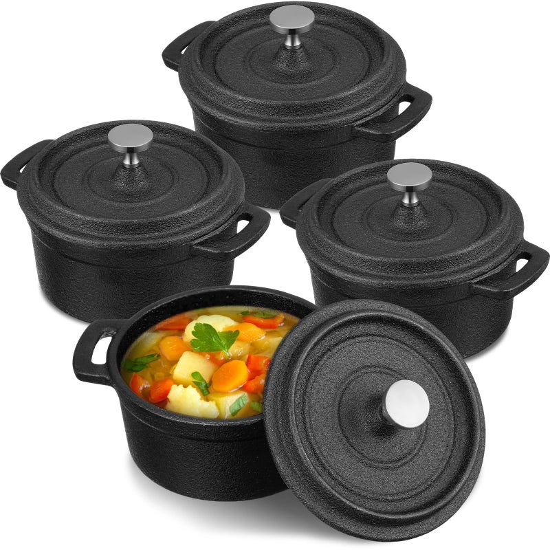 Suttmin 4 Pcs Mini Dutch Oven Small Round Iron Cocotte Black Dutch Oven Pot with Lid and Dual Handles Cast Iron Pot for Stovetop Use Marinate Cook Bake Refrigerate Garlic, Individual Servings(17 oz) - Image 1