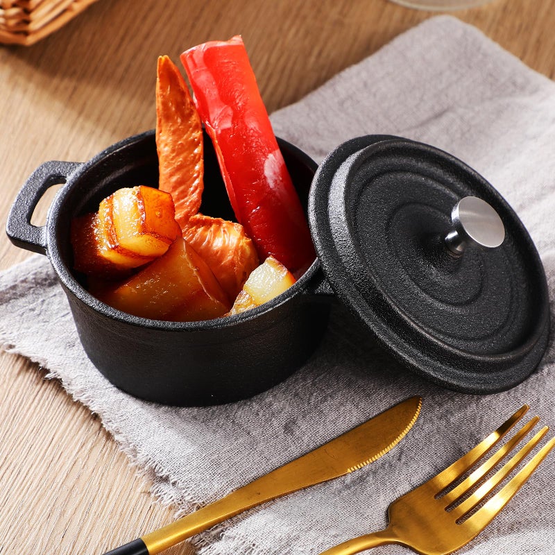 Suttmin 4 Pcs Mini Dutch Oven Small Round Iron Cocotte Black Dutch Oven Pot with Lid and Dual Handles Cast Iron Pot for Stovetop Use Marinate Cook Bake Refrigerate Garlic, Individual Servings(17 oz) - Image 3