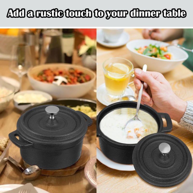 Suttmin 4 Pcs Mini Dutch Oven Small Round Iron Cocotte Black Dutch Oven Pot with Lid and Dual Handles Cast Iron Pot for Stovetop Use Marinate Cook Bake Refrigerate Garlic, Individual Servings(17 oz) - Image 4