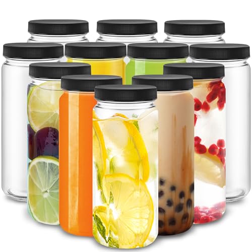 DilaBee 12-Pack 16oz Round Empty Glass Water Bottles - Glass Juice Bottles with Lids for Juicing, Smoothie, Milk & Kombucha - Juice Containers for Fridge, Smoothie Bottle, Clear Water Bottle BPA-Free - Image 1