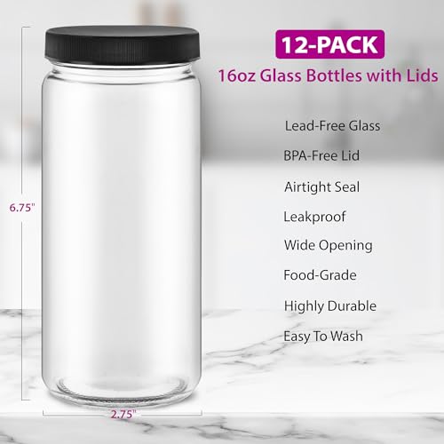 DilaBee 12-Pack 16oz Round Empty Glass Water Bottles - Glass Juice Bottles with Lids for Juicing, Smoothie, Milk & Kombucha - Juice Containers for Fridge, Smoothie Bottle, Clear Water Bottle BPA-Free - Image 2