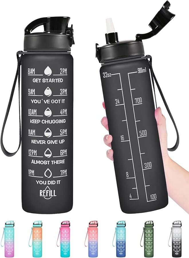 Enerbone 32 oz Water Bottle, Leakproof BPA & Toxic Free, Motivational Water Bottle with Times to Drink and Straw, Fitness Sports Water Bottle with Strap for Office, Gym, Outdoor Sports, Black Matte