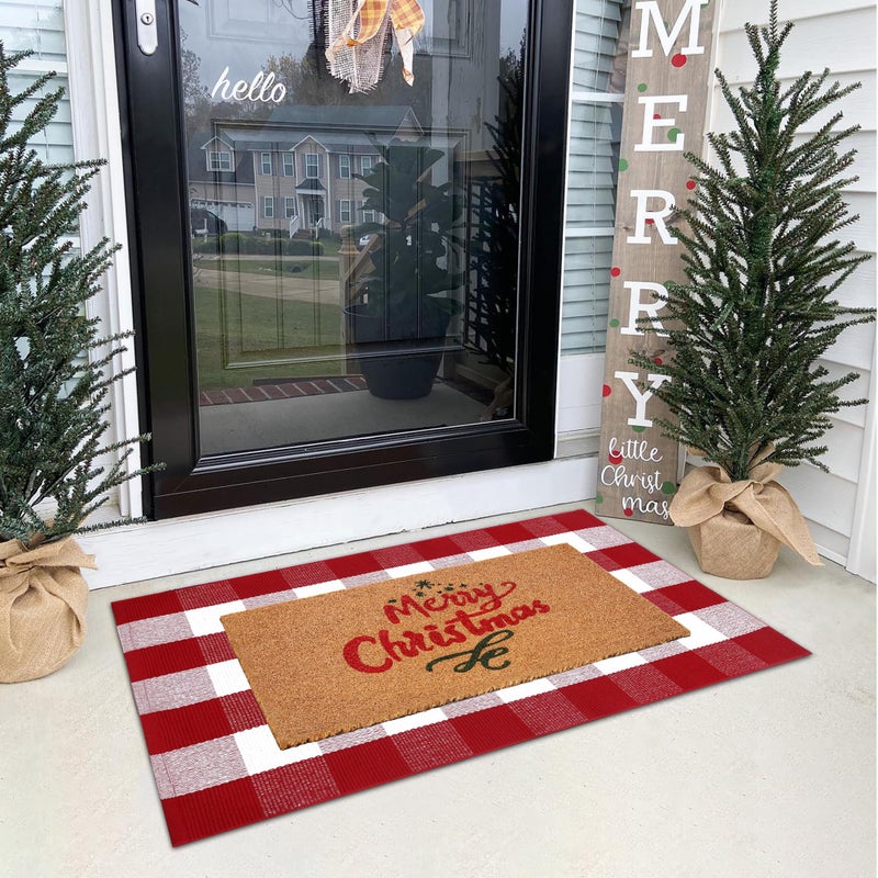 Christmas Door Mat Combo Set  100 Coco Coir Welcome Mat  28 x 43 Inch Red and White Plaid Rug New Year Holiday Christmas Collection Doormat for Front Porch Entryway Decorative