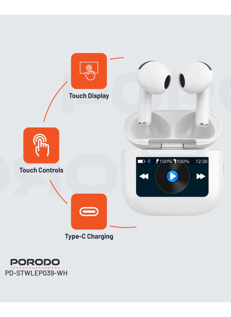 porodo - Glimpse TWS Earbuds with Touch Display / App Control / High-Fidelity Audio / Touch Control Earbuds / Music / Calls - White - Image 1