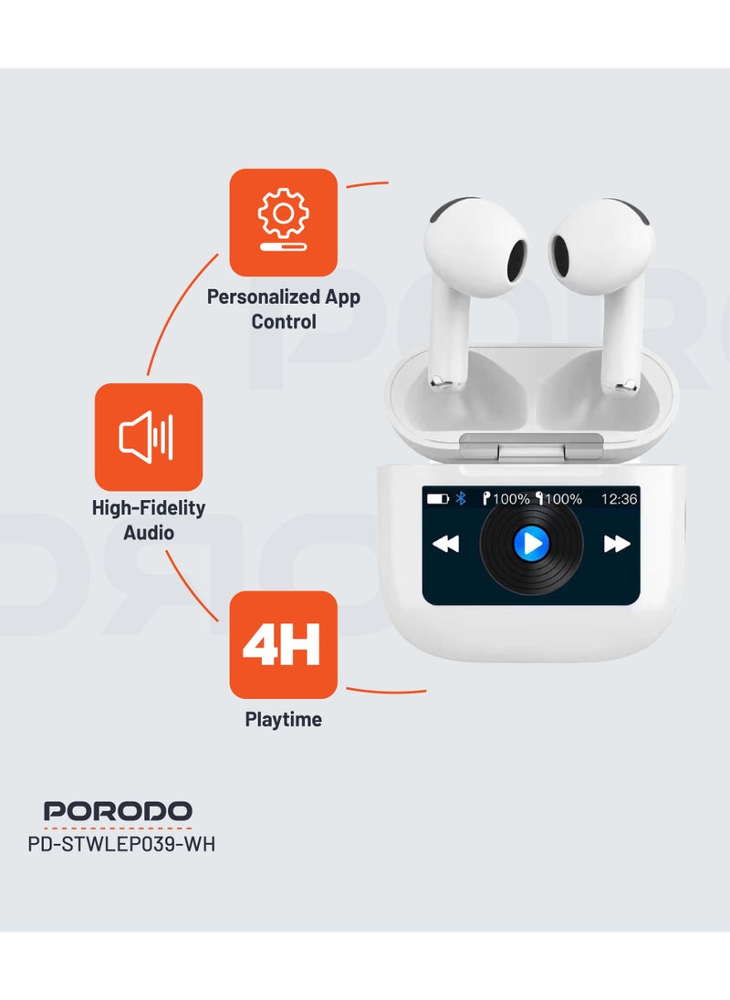 porodo - Glimpse TWS Earbuds with Touch Display / App Control / High-Fidelity Audio / Touch Control Earbuds / Music / Calls - White - Image 1
