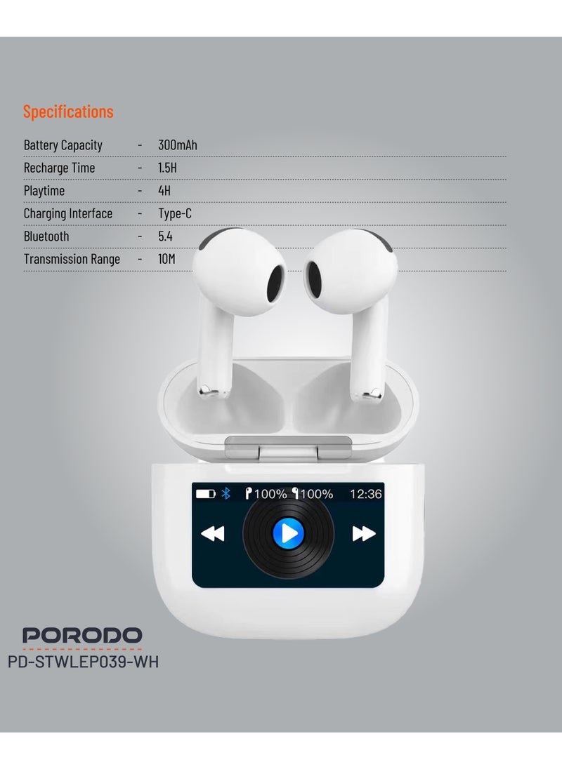 porodo - Glimpse TWS Earbuds with Touch Display / App Control / High-Fidelity Audio / Touch Control Earbuds / Music / Calls - White - Image 1