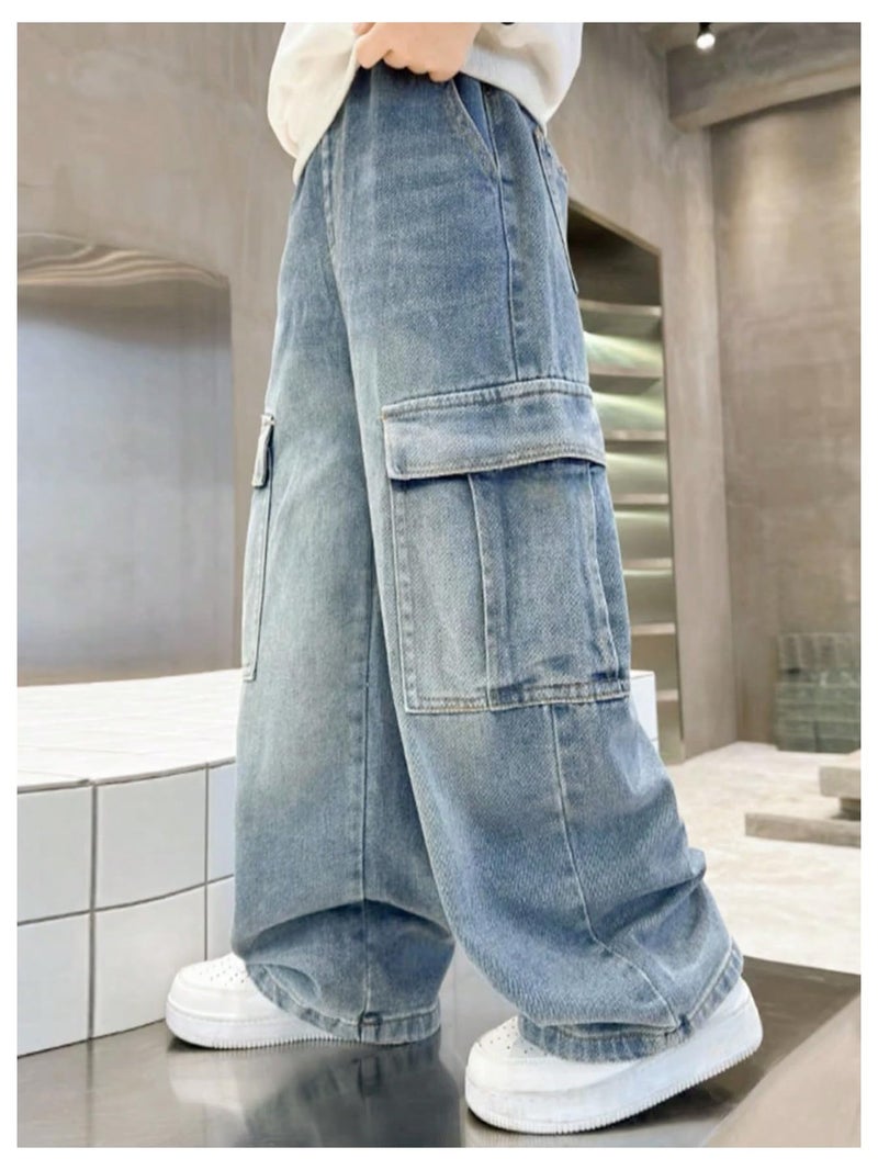 Verdusa Boys Jeans Baggy Vintage Straight Leg Denim Cargo Pants with Pockets 8-14 Years Blue 10 Years - Image 4