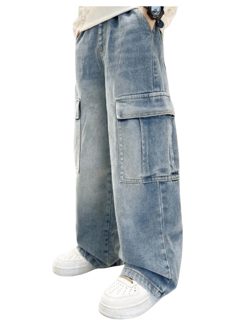 Verdusa Boys Jeans Baggy Vintage Straight Leg Denim Cargo Pants with Pockets 8-14 Years Blue 10 Years - Image 1
