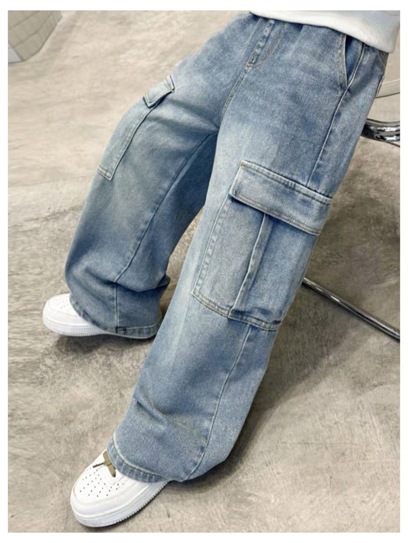 Verdusa Boys Jeans Baggy Vintage Straight Leg Denim Cargo Pants with Pockets 8-14 Years Blue 10 Years - Image 5