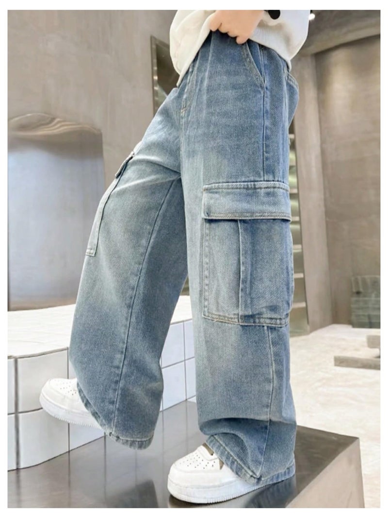 Verdusa Boys Jeans Baggy Vintage Straight Leg Denim Cargo Pants with Pockets 8-14 Years Blue 10 Years - Image 3