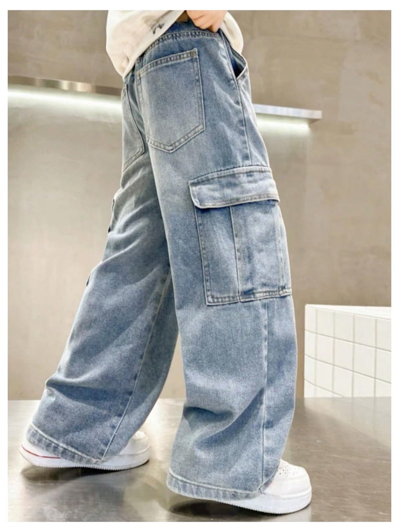 Verdusa Boys Jeans Baggy Vintage Straight Leg Denim Cargo Pants with Pockets 8-14 Years Blue 10 Years - Image 2