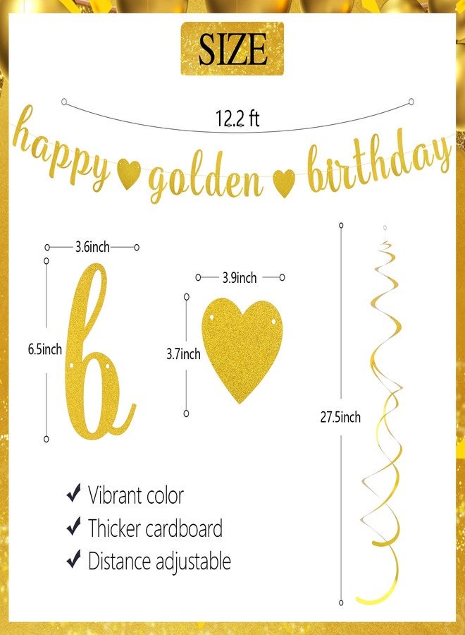 Vovii Happy Golden Birthday Banner and 6Pcs Hanging Swirls for Golden Birthday Party Decorations Decor Gifts for Women Girls - Image 2
