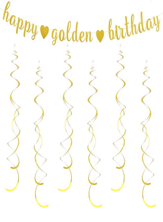 Vovii Happy Golden Birthday Banner and 6Pcs Hanging Swirls for Golden Birthday Party Decorations Decor Gifts for Women Girls - Image 1