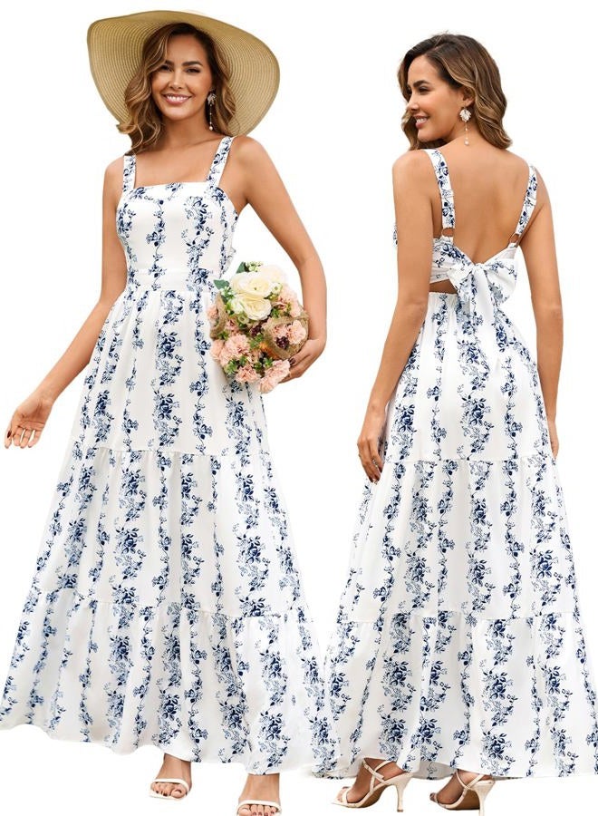 HTZMO Womens Summer Wedding Guest Floral Maxi Sundress Square Neck Back Bow Tie Flowy Boho Beach Vacation Long Dresses, Bluefloral, M - Image 1