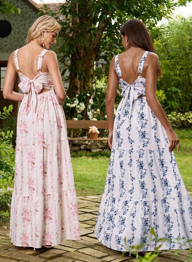 HTZMO Womens Summer Wedding Guest Floral Maxi Sundress Square Neck Back Bow Tie Flowy Boho Beach Vacation Long Dresses, Bluefloral, M - Image 5