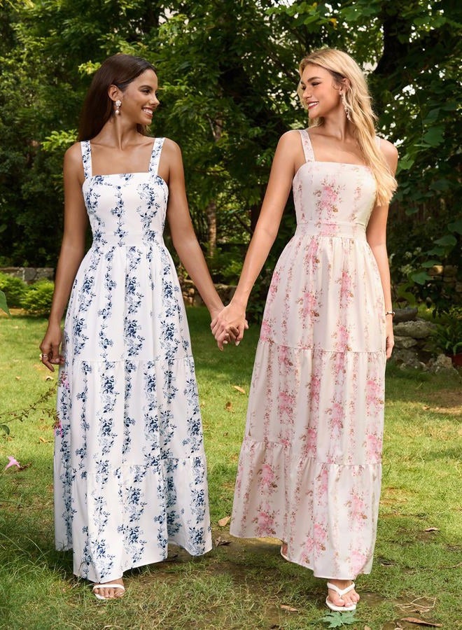 HTZMO Womens Summer Wedding Guest Floral Maxi Sundress Square Neck Back Bow Tie Flowy Boho Beach Vacation Long Dresses, Bluefloral, M - Image 3