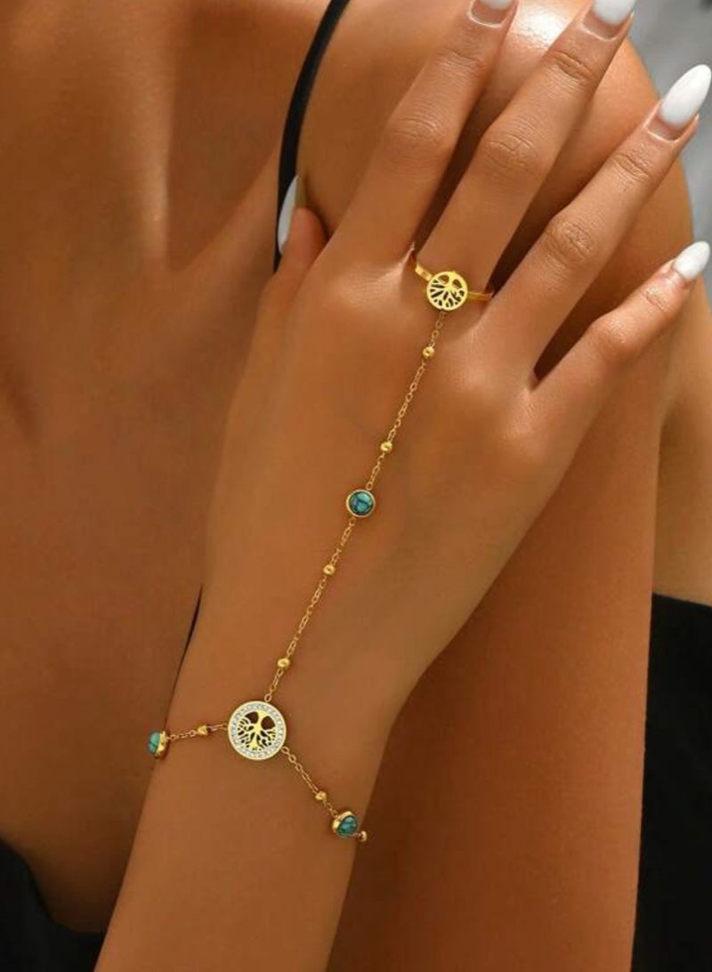 18k Gold Plated Stainless Steel Bracelet With Connected Ring For Women