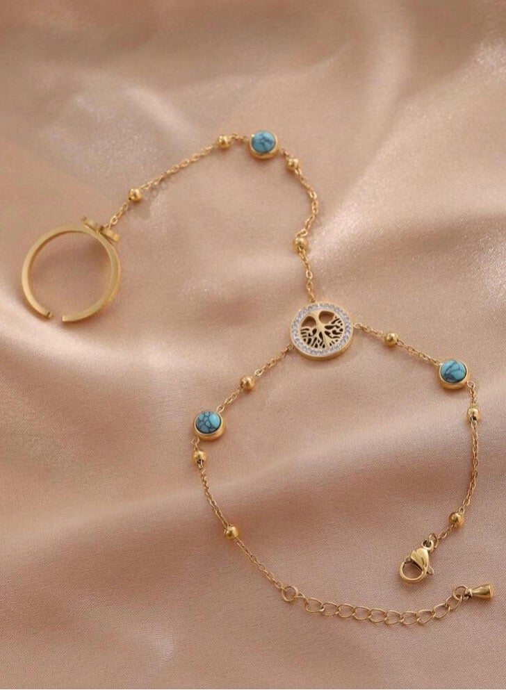 18k Gold Plated Stainless Steel Bracelet With Connected Ring For Women