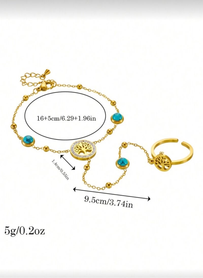 18k Gold Plated Stainless Steel Bracelet With Connected Ring For Women