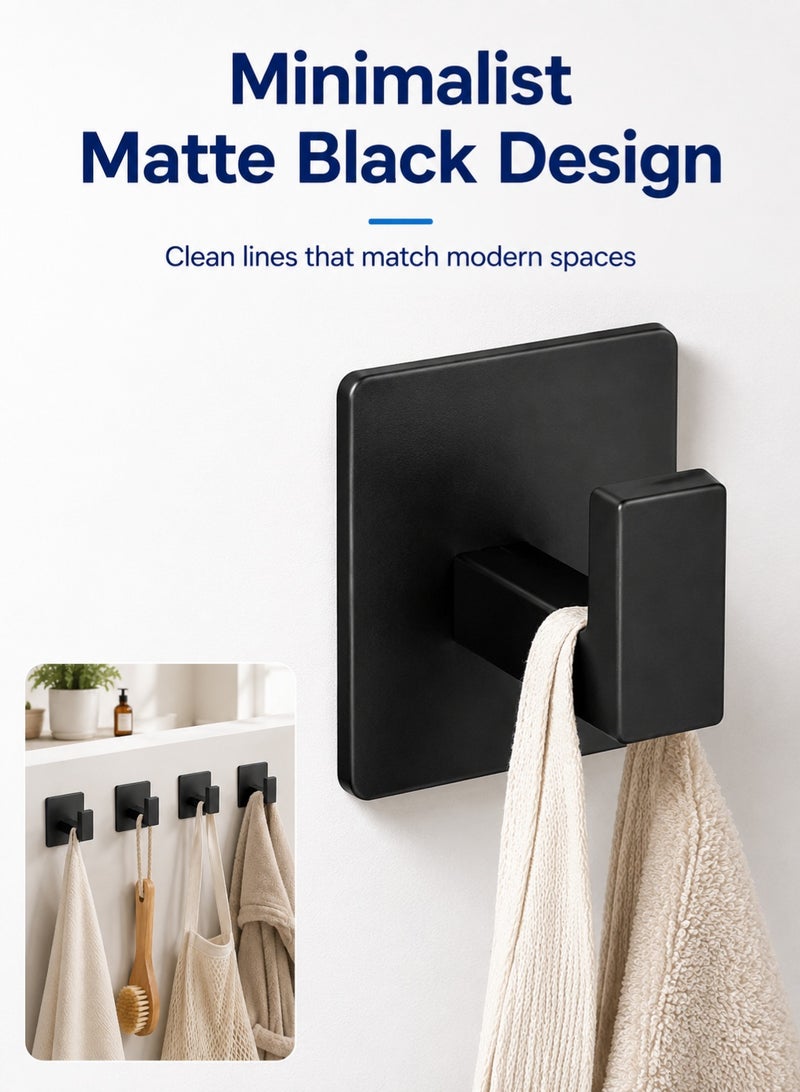 Alruht 4 Pack Adhesive Hooks, Self-Adhesive Wall Hooks No Drill, Matte Black Rust-Resistant Sticky Hooks for Bathroom Kitchen Entryway, Wall Damage Free Hangers for Towels Robes Hats Keys - Image 5