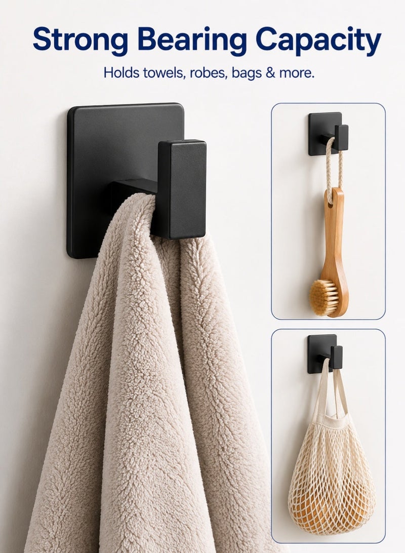 Alruht 4 Pack Adhesive Hooks, Self-Adhesive Wall Hooks No Drill, Matte Black Rust-Resistant Sticky Hooks for Bathroom Kitchen Entryway, Wall Damage Free Hangers for Towels Robes Hats Keys - Image 4