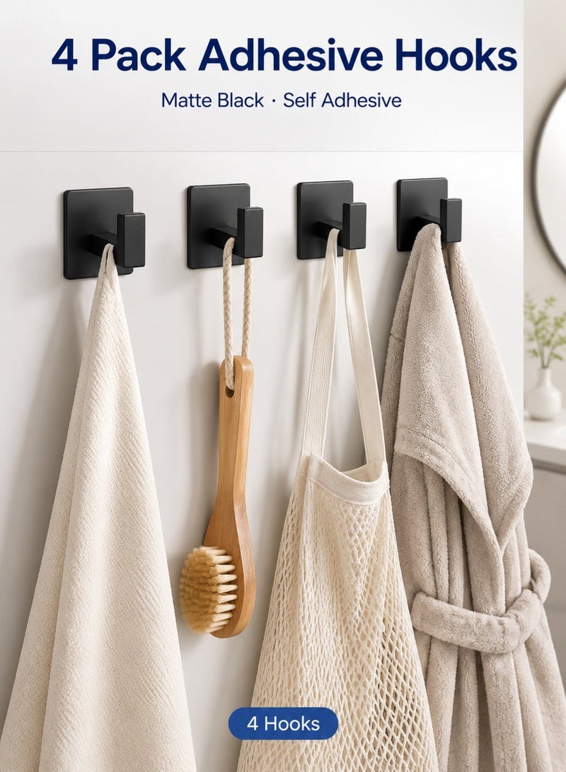 Alruht 4 Pack Adhesive Hooks, Self-Adhesive Wall Hooks No Drill, Matte Black Rust-Resistant Sticky Hooks for Bathroom Kitchen Entryway, Wall Damage Free Hangers for Towels Robes Hats Keys - Image 1