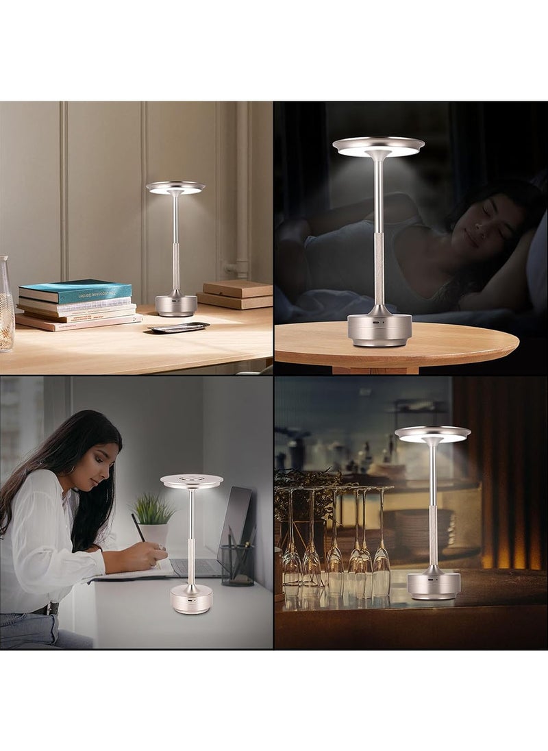 Rechargeable Cordless LED Table Lamps Touch Sensor Light Silver, 3-Levels Portable Dimming Wireless Battery Operated Lamp，Nightstand Lamp/Night Light/Restaurant Table/Outdoor/Coffee/Bar