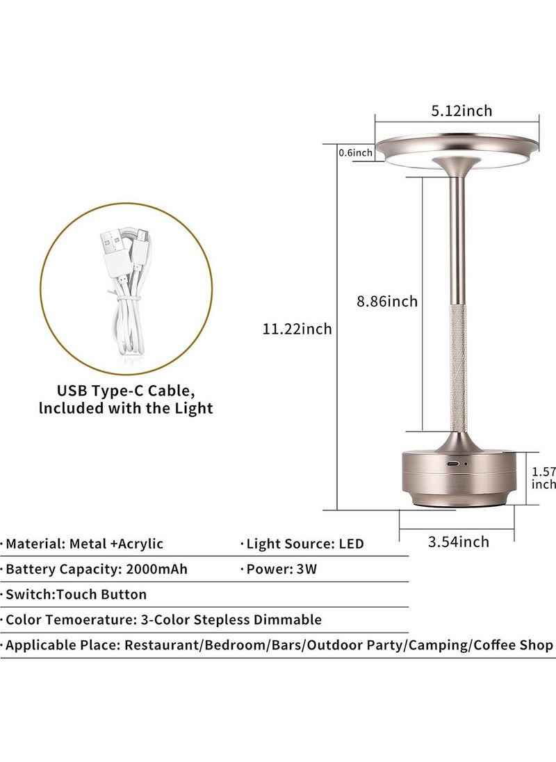 Rechargeable Cordless LED Table Lamps Touch Sensor Light Silver, 3-Levels Portable Dimming Wireless Battery Operated Lamp，Nightstand Lamp/Night Light/Restaurant Table/Outdoor/Coffee/Bar