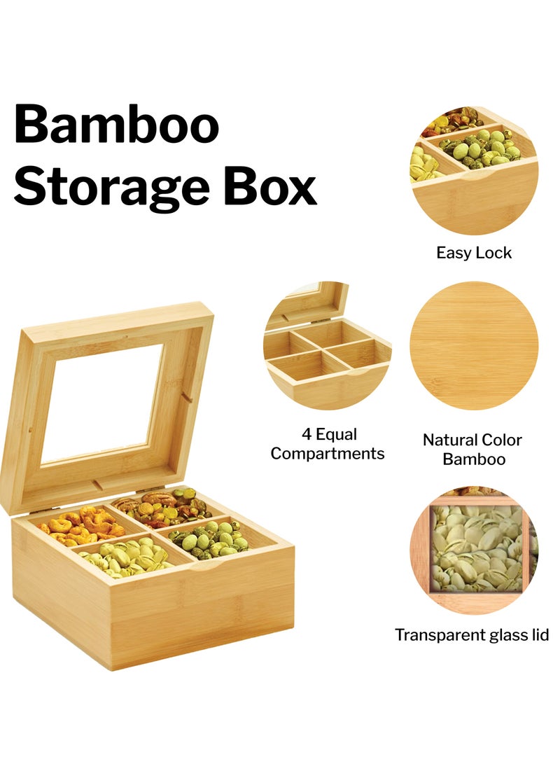 Jinou Nuts Container - Made with Premium Quality Bamboo Material with Transparent Glass Lid – Dry Fruits And Nuts Tray Box For Dry Fruits, Dates, Chocolates And Candies. - Image 2