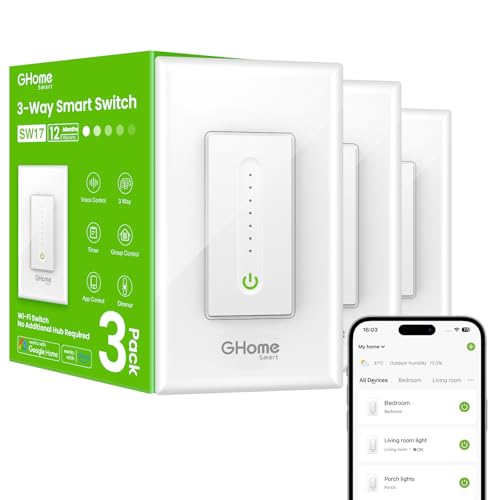 GHome Smart 3 Way Dimmer Smart Switch Can Work Separately Or Work with Traditional 3-Way Switch, Compatible with Alexa, Google Assistant, Neutral Wire Required, 2.4GHz WiFi Only, FCC Certified, 3 Pack - Image 1