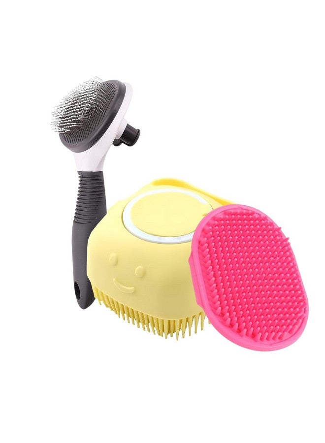 Pets Empire Self Cleaning Combo of 3, Pet Grooming Shedding Brush for Dogs and Cats, Body Scrubber Shampoo Dispenser, Grooming Soothing Bath Brush - Image 1