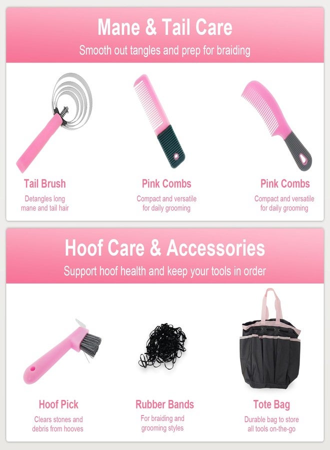 Swess Horse Grooming Kit 13 Piece, Horse Brushes for Grooming Supplies Set, Professional Horse Supplies with Gloves & Brush for Equine Care, Pink - Image 3