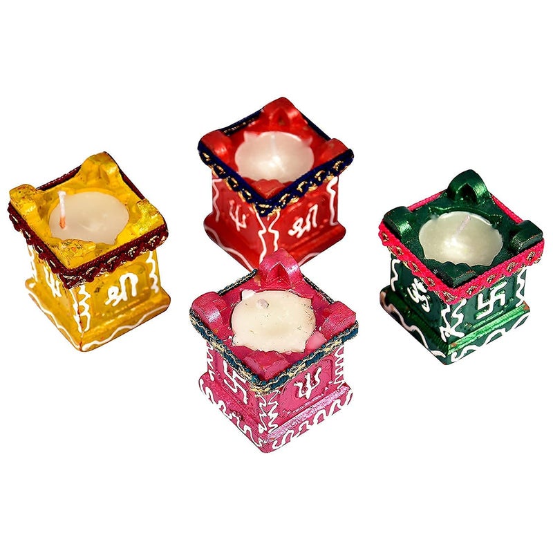 Kyzzo Tulsi Diya Diwali Decoration Item Gifts Terracotta Colourful Handmade Decorative Mitti Diyas Wax Lamps for Diwali Gift Box Navratri Puja Festival Lighting Set of 4 Multicolour - Image 3