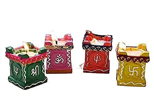 Kyzzo Tulsi Diya Diwali Decoration Item Gifts Terracotta Colourful Handmade Decorative Mitti Diyas Wax Lamps for Diwali Gift Box Navratri Puja Festival Lighting Set of 4 Multicolour - Image 2