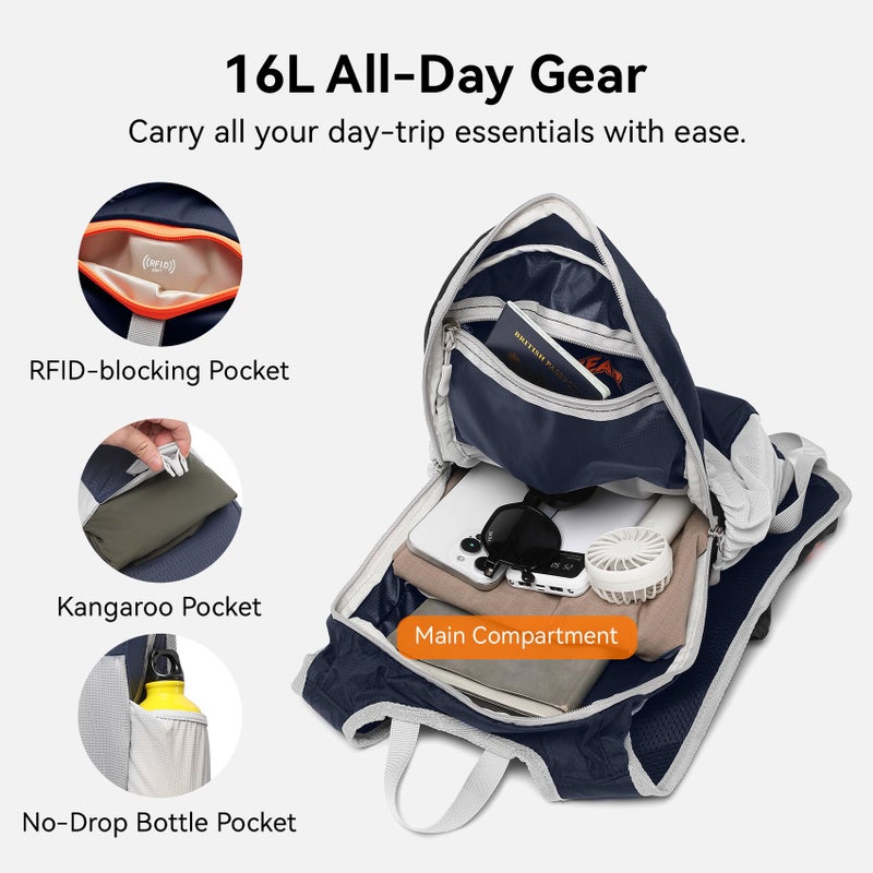 CROSS+GEAR CROSSGEAR 16L Lightweight Hiking Backpack, RFID Foldable Packable Backpack for Women Men, Water Resistant Small Hiking Daypack Navy Blue - Image 3