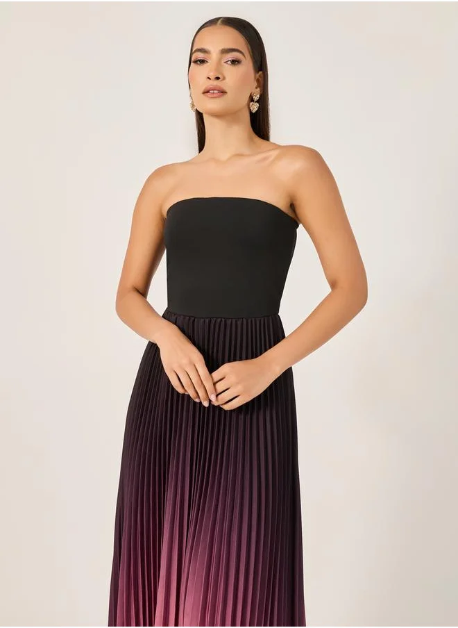 Styli Ombre Accordion Pleated Strapless A-Line Midi Dress