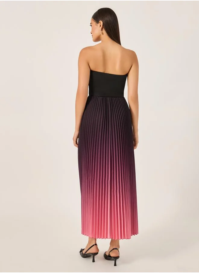 Styli Ombre Accordion Pleated Strapless A-Line Midi Dress