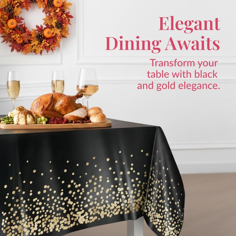 Prestee 4 Pack Gold and Black Table Cloth Rectangle Table Covers 54 x 108 Inches - Plastic Table Cloth Disposable for Parties, Dining and Events - Black Tablecloths for Weddings and Celebrations - Image 2