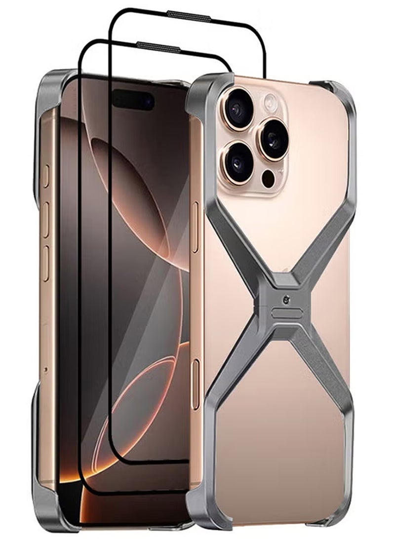 ( for iPhone 16 Pro Max ) 3 Pack, 1 Case and 2 Screen Protectors, X Shape Anti-Fall Bare Phone Case,Cool Design Luxury Metal Shockproof Anti-Scratch Slim Borderless Case - Image 1
