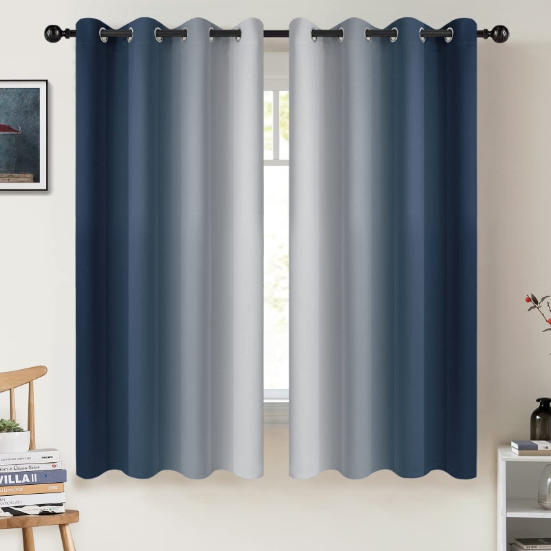 COSVIYA Curtains & Drapes Ombre Navy Blue Curtains 63 inch Length 2 Panels  Grommet Room Darkening Light Blocking Insulated Thermal Gradient Window Curtains for Bedroom/Living Room 52x63 inches - Image 1