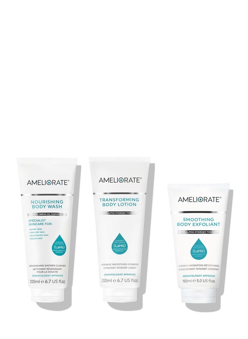AMELIORATE Smooth Skin Heroes Bundle Transforming Body Lotion 200ml,Nourishing Body Wash 200ml,Smoothing Body Exfoliant 150ml - Image 1