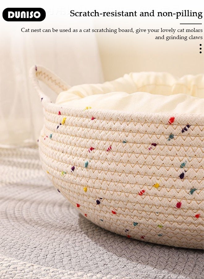 DUNISO Hand-Made Rattan Round Cat Bed,Cute Woven Cat Bed Basket Pets House with Soft Cushion,Breathable Rattan Cat Hut,Used as Cat Scratching Board,Removable Washable Cat Nest Natural Pet House  - Image 3