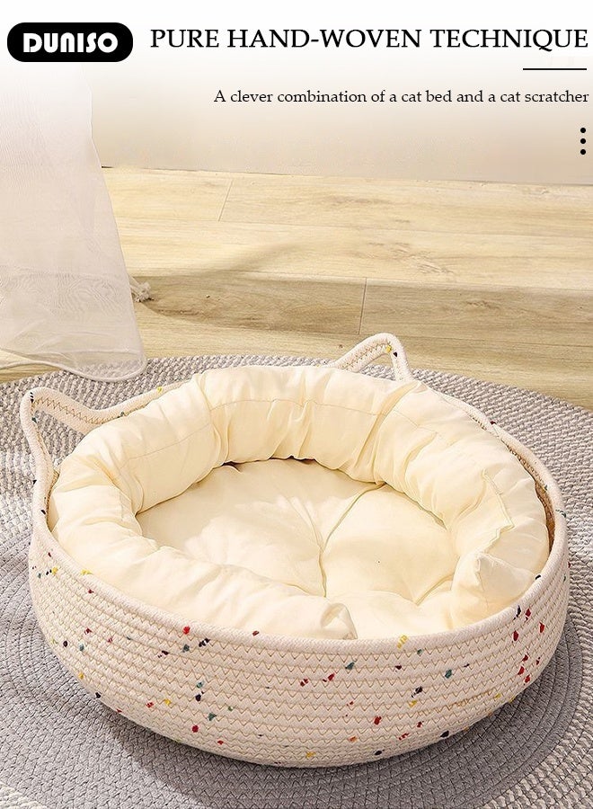 DUNISO Hand-Made Rattan Round Cat Bed,Cute Woven Cat Bed Basket Pets House with Soft Cushion,Breathable Rattan Cat Hut,Used as Cat Scratching Board,Removable Washable Cat Nest Natural Pet House  - Image 5