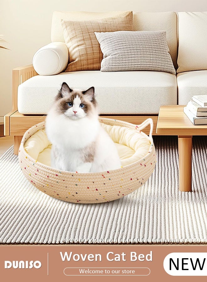 DUNISO Hand-Made Rattan Round Cat Bed,Cute Woven Cat Bed Basket Pets House with Soft Cushion,Breathable Rattan Cat Hut,Used as Cat Scratching Board,Removable Washable Cat Nest Natural Pet House  - Image 1