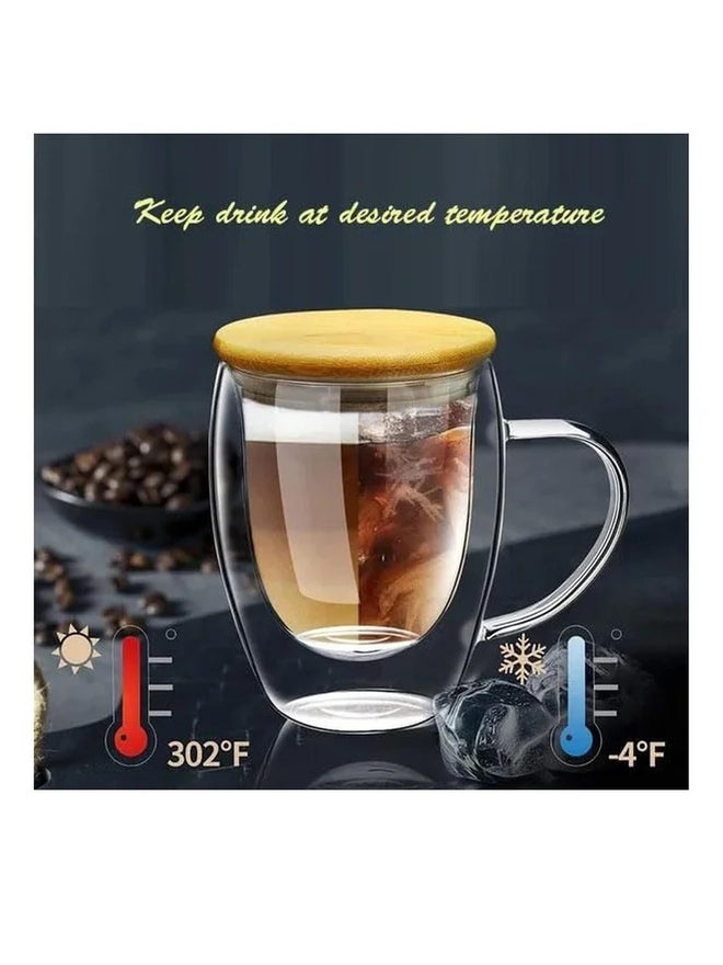 1CHASE Double Wall Glass Coffee Mugs With Handle And Bamboo Lid, 350ml - Image 3