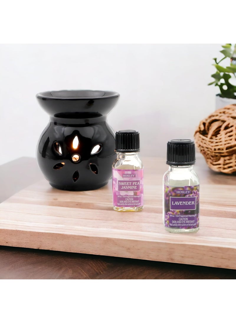 Hosley HOSLEY Ceramic Clay Oil Burner Candle Operated Gift Set Aroma Diffuser Oil Diffuserwith 2 Piece TealightSet of 2 Fragrance Oil Bottle 10 ml EachLavender Sweet Pea Jasmine Pack of 1 Black  - Image 3
