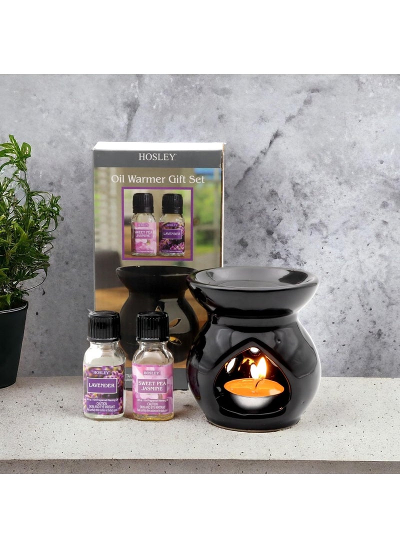 Hosley HOSLEY Ceramic Clay Oil Burner Candle Operated Gift Set Aroma Diffuser Oil Diffuserwith 2 Piece TealightSet of 2 Fragrance Oil Bottle 10 ml EachLavender Sweet Pea Jasmine Pack of 1 Black  - Image 2