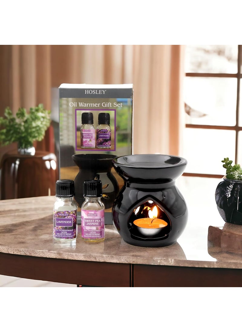 Hosley HOSLEY Ceramic Clay Oil Burner Candle Operated Gift Set Aroma Diffuser Oil Diffuserwith 2 Piece TealightSet of 2 Fragrance Oil Bottle 10 ml EachLavender Sweet Pea Jasmine Pack of 1 Black  - Image 1