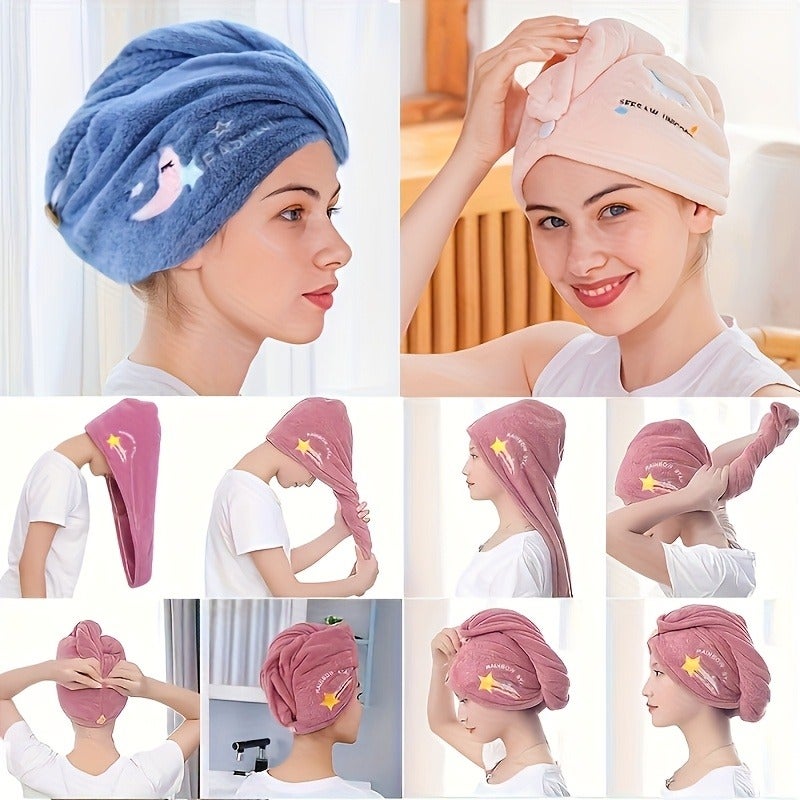 3 Colors Available: Women's Quick-Dry Microfiber Towel - Soft Coral Fleece, High-Quality Design, Absorbent Shower Cap with Cute Star & Rainbow Embroidery for Drying Wet Hair - Image 3