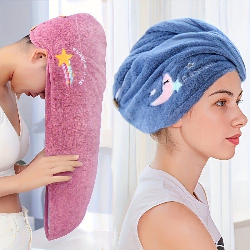 3 Colors Available: Women's Quick-Dry Microfiber Towel - Soft Coral Fleece, High-Quality Design, Absorbent Shower Cap with Cute Star & Rainbow Embroidery for Drying Wet Hair - Image 1